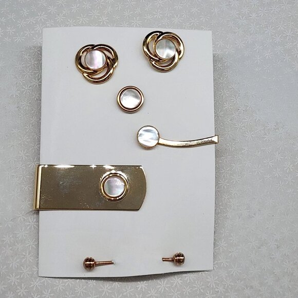 Gold-Tone Mother-Of-Pearl Jewelry Set W/ Tie Tack Clip & Cufflinks Money Clip - Picture 1 of 3